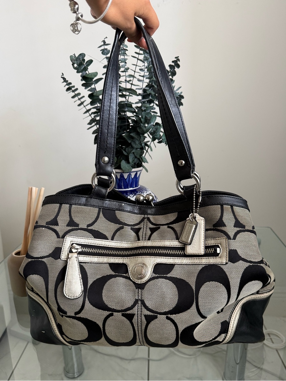 Vintage Coach Signature Monogram Laura Kisslock Shoulder Bag